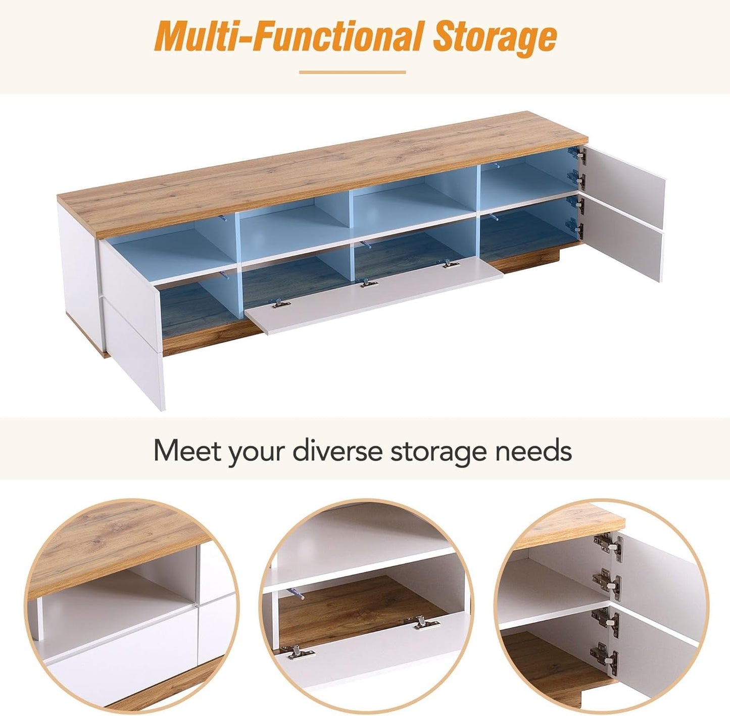 Wood TV Stand Entertainment Center with Storage Cabinets & Open Shelves, Modern TV Console Table for Tvs up to 80” for Living Room Bedroom (White)-2