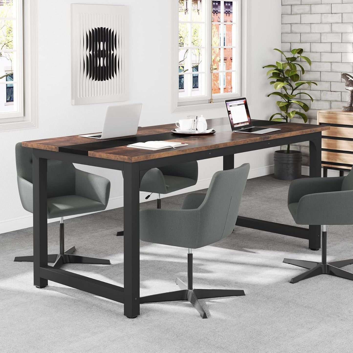 70.8”Executive Desk, Large Office Computer Desk with Thicken Frame, Modern Simple Workstation Business Furniture for Home Office, Vintage Brown/Black-3