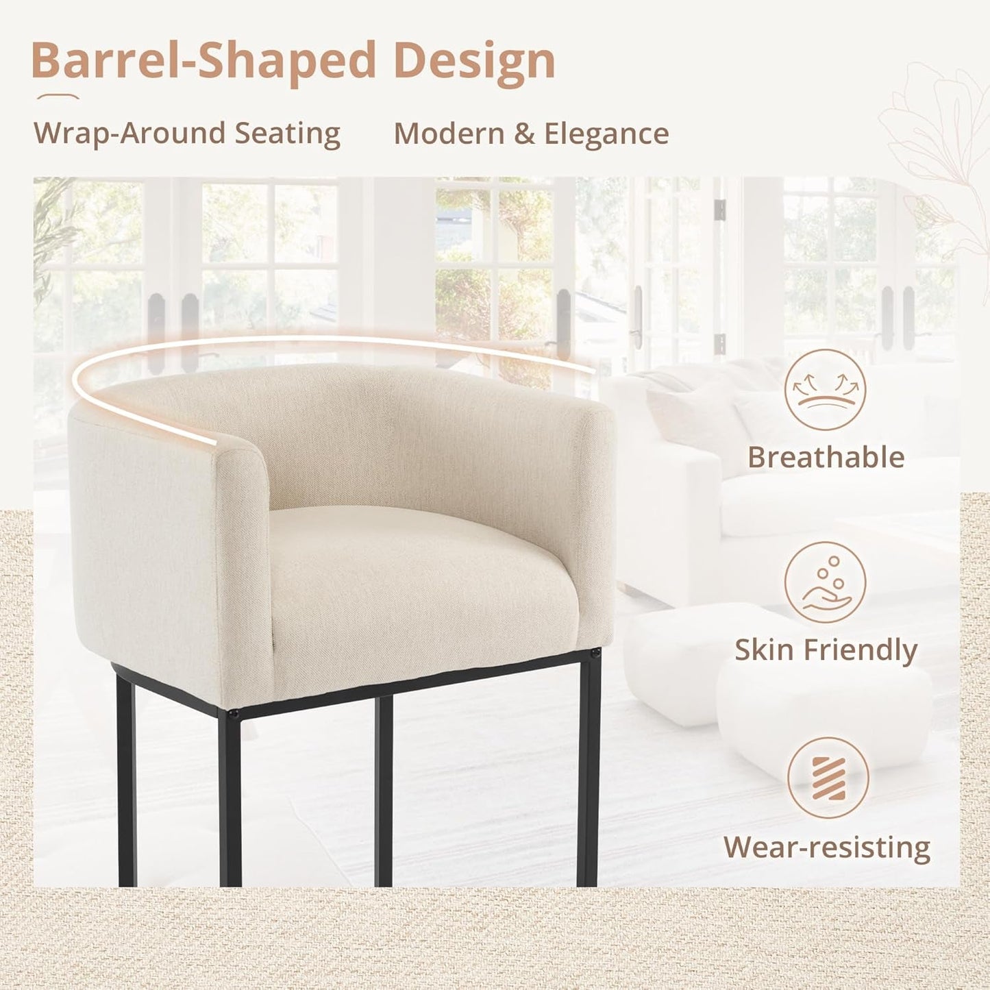 27" H Counter Height Bar Stools, Modern Barrel Counter Stools with Backrest and Arms, Black Metal Frames, Linen Fabric Upholstered Accent Barstools for Kitchen Island, Linen Color-4