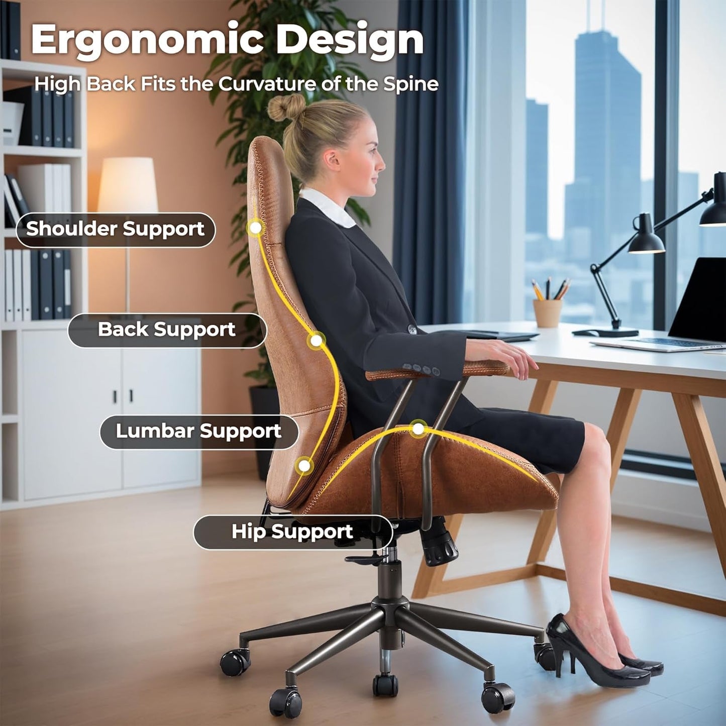 Ergonomic Home Office Chair, Mid-Century Modern Leather Chair with Lumbar Support, High Back Swivel Rolling Executive Chair, Comfy Task Computer Desk Chair (Brown, Suede Leather)-4