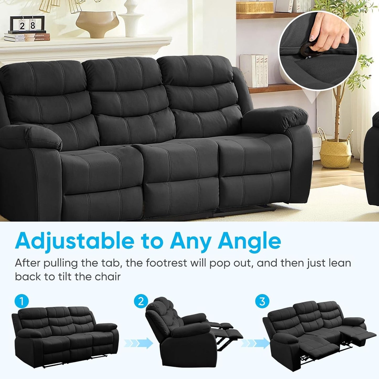 Recliner Sofa, 3-Seater Adjustable Living Room Sofa with Flip Middle Backrest, Home Theater Seating Couch, Modern Convertible Couch with Drop down Table & Dual Cup Holders, Dark Grey-4