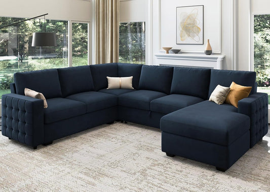 Velvet U-Sectional Sleeper Sofa, Pull-Out Bed, Blue-1