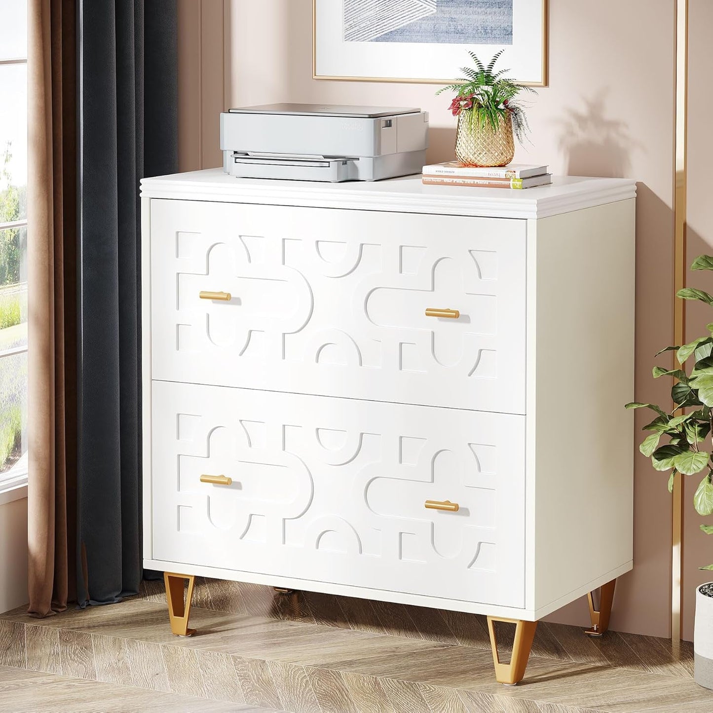 2-Drawer Lateral File Cabinet, Modern White Filing Cabinet for Legal/Letter/A4 Size, Large Storage Filing Cabinet Printer Stand for Home Office, White and Gold-0