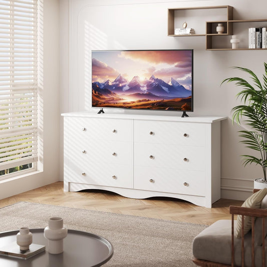 6 Wood Drawers Dresser for Bedroom, Double Dresser for TV up to 65 Inch, TV Stand Storage Chest of Drawers for Living Room Hallway Entryway (White)-1