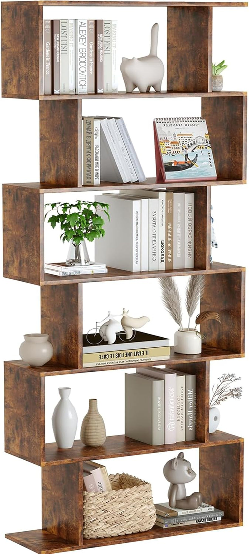 Geometric Bookcase, Bookshelf 6-Tier S Shaped Book Shelves for Bedroom, Modern Wood Decorative Display Shelf Tall Book Case for Home Office, Rustic Brown-0