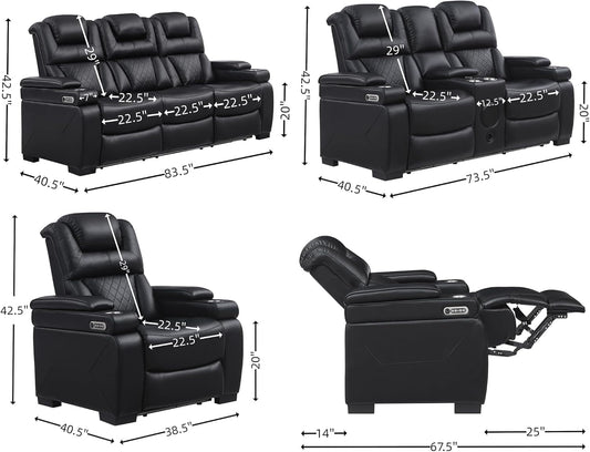 Power Breathable Leather Reclining Sofa Set with LED Light, Home Theater Seating Recliner Couch with Adjustable Headrest/Reading Light/Usb Port/Wireless Charing/Bluetooth Speaker, Black-1