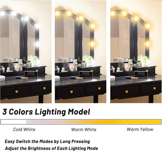 Tri-Fold Makeup Vanity with Lights, Mirror, Stool, 4 Drawers (Black)-1