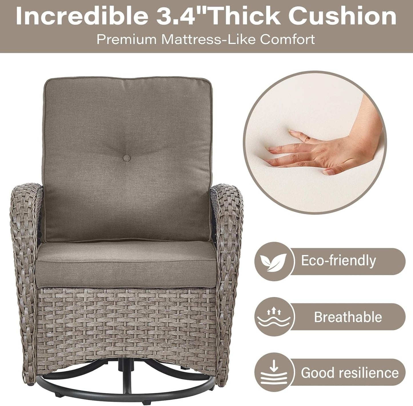 Swivel Patio Chairs Wicker Set - Outdoor Swivel Rocker Chair with Side Table, 3 Piece Patio Glider Chairs Furniture Set with Water-Resistant Cushions for Deck Porch Sunroom Gray-3