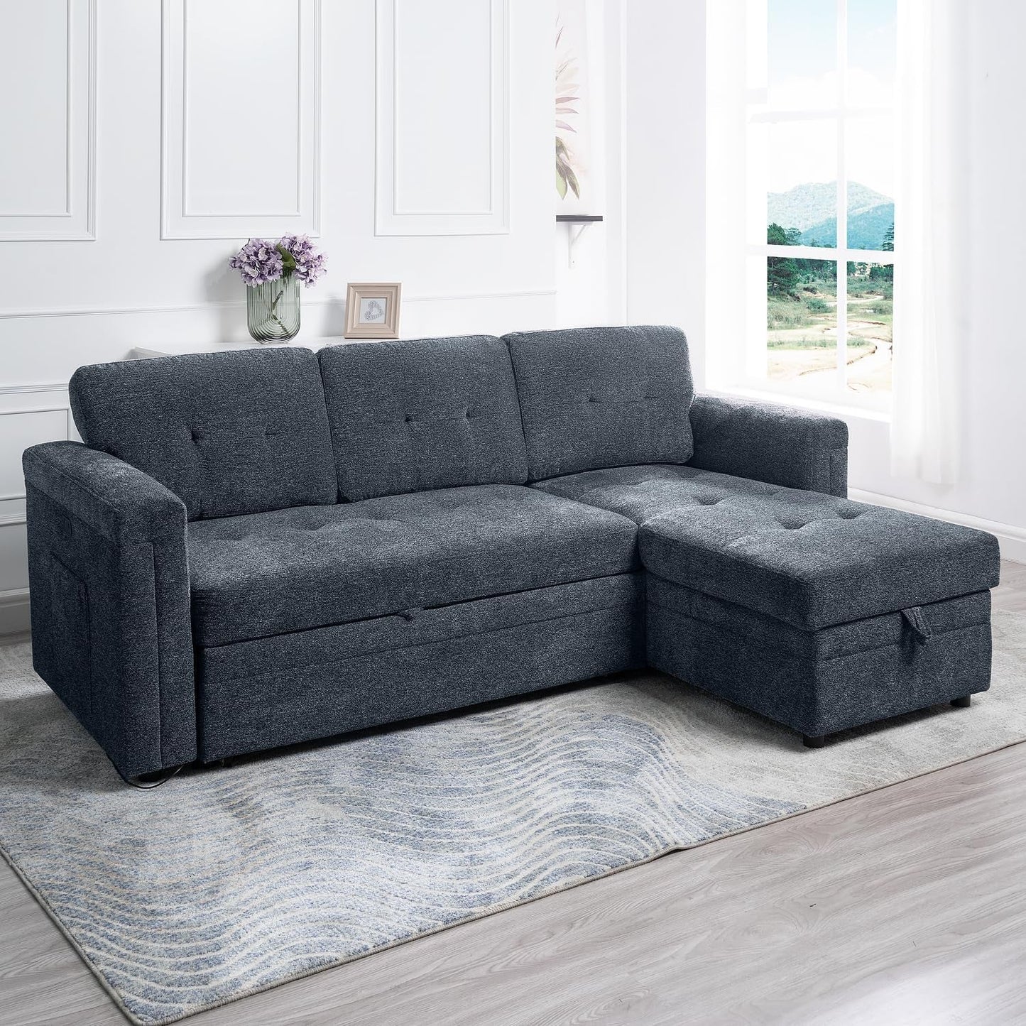 Gray Microfiber L-Shape Sleeper Sofa USB Ports Storage-1