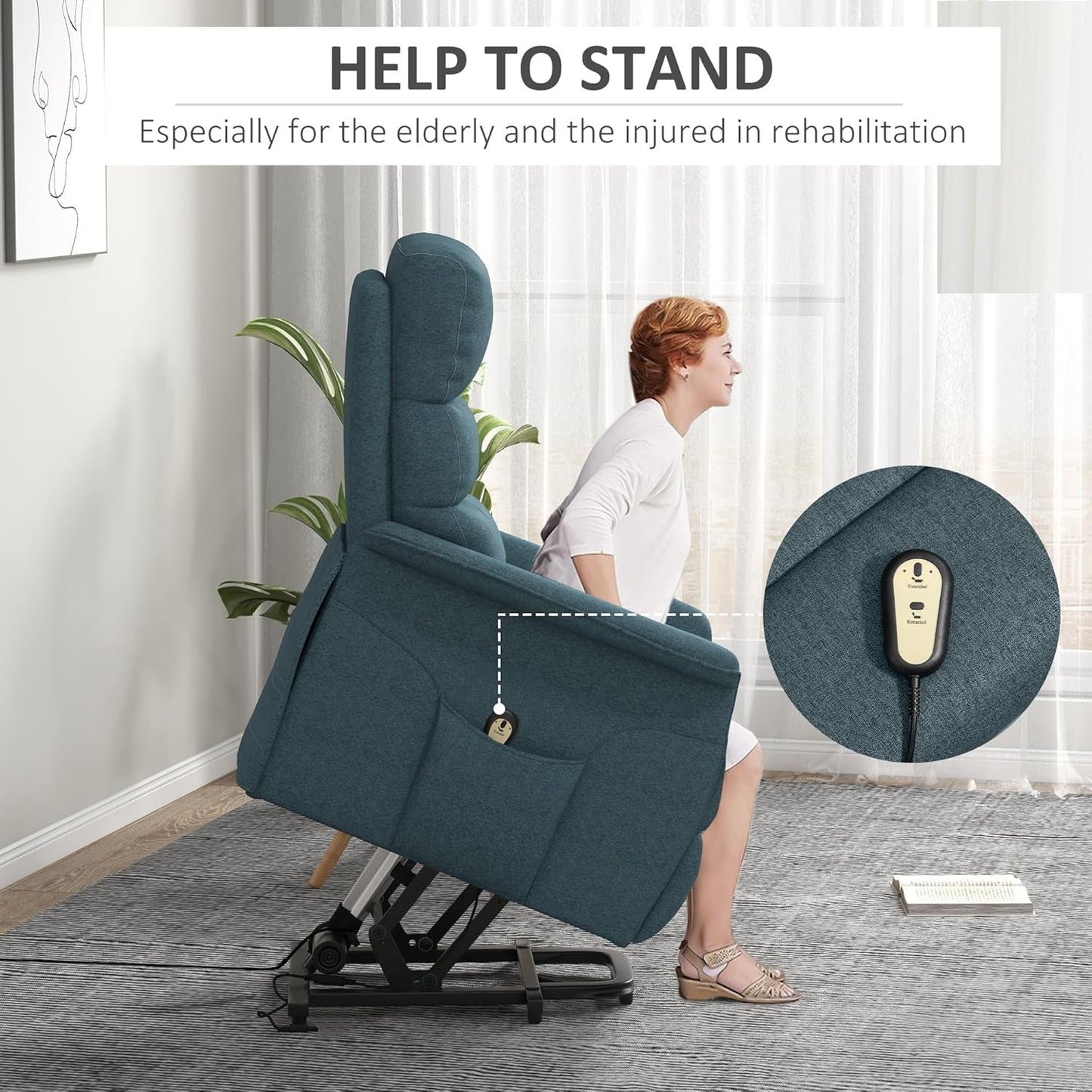 Power Lift Recliner Chair for Elderly, Easy Assembly, Fabric Lift Chair for Adults, Recliner Sofa with Remote Control, Side Pockets for Living Room, Blue-3