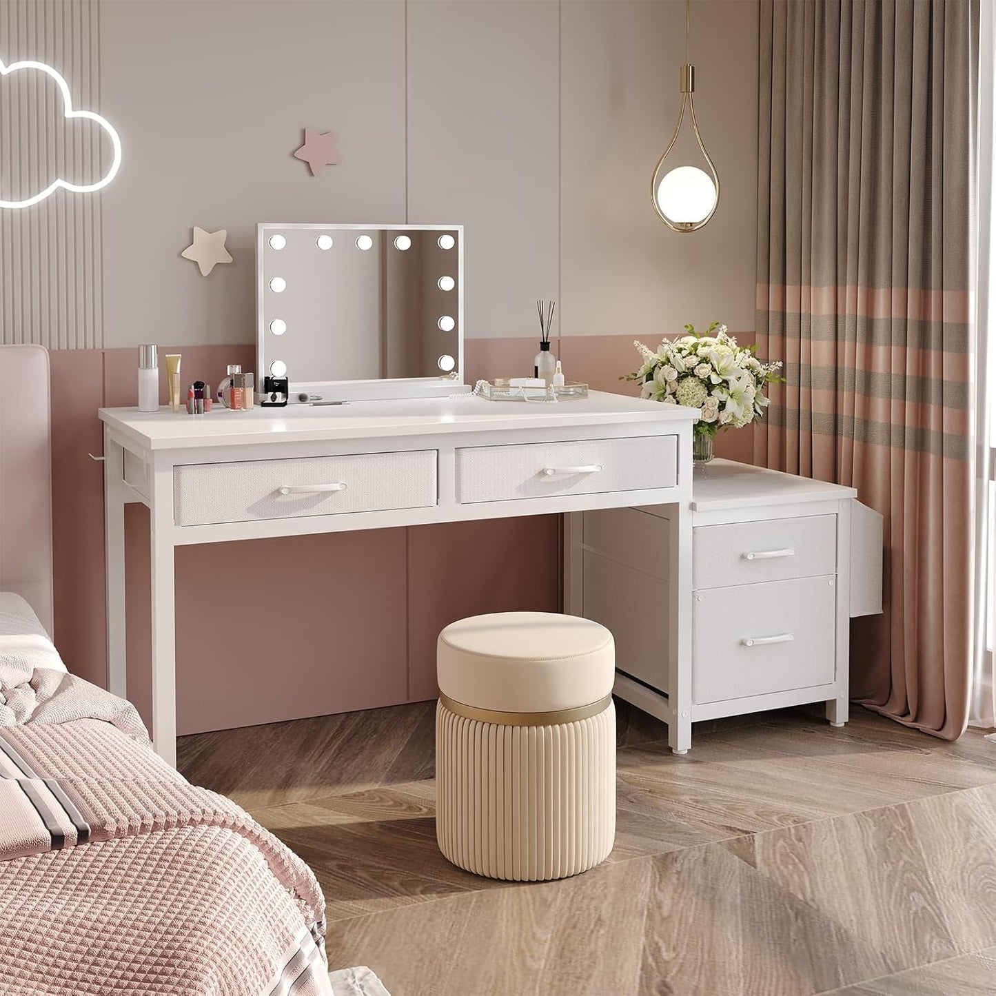 White Computer Desk with Fabric File Drawers Cabinet, 57 Inch Home Office Desks with Reversible Filing Cabinet Printer Stand for Small Space, Study Writing Table PC Vanity Desks, White-4