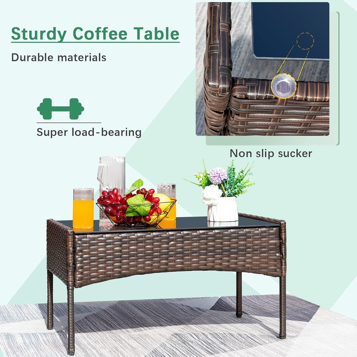 Patio Furniture 4 Pieces Conversation Sets Outdoor Wicker Rattan Chairs Garden Backyard Balcony Porch Poolside Loveseat with Soft Cushion and Glass Table, Brown and Beige-3