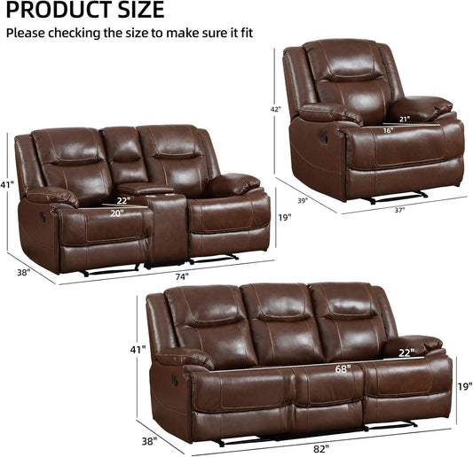 Genuine Leather Manual Recliner Sofa Set, Recliner Chair, Loveseat Reclining Sofa and 3 Seat Recliner Sofa, Couch Furniture Set for Living Room, Meeting Room, Brown(Recliner+Loveseat+Sofa)-1