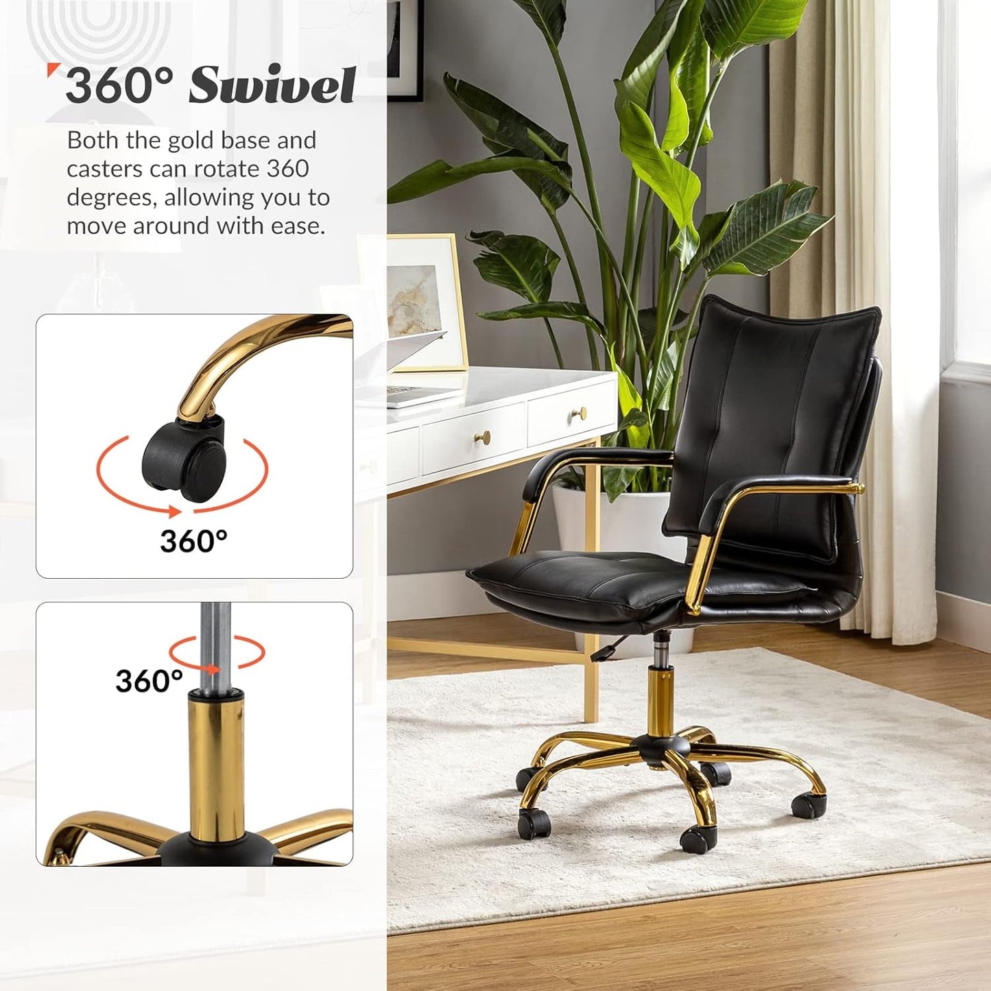 Faux Leather Home Office Desk Chair, Adjustable Swivel Computer Chair with Golden Legs and Arms, Comfy Upholstered Task Chair, Black-3