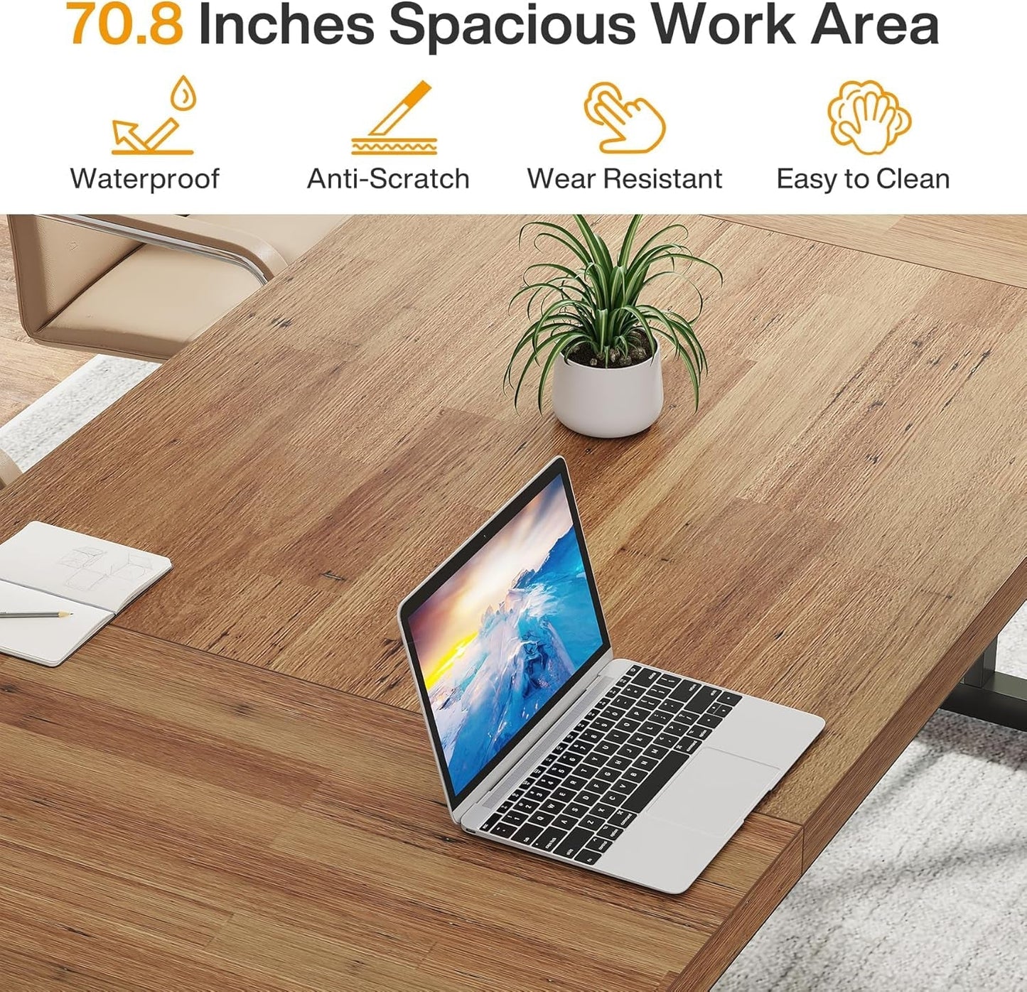 70.8-Inch Executive Desk, Large Computer Office Desk Workstation, Modern Simple Style Laptop Desk Study Writing Table Business Furniture for Home Office (Light Brown, 70.8 Inch)-4