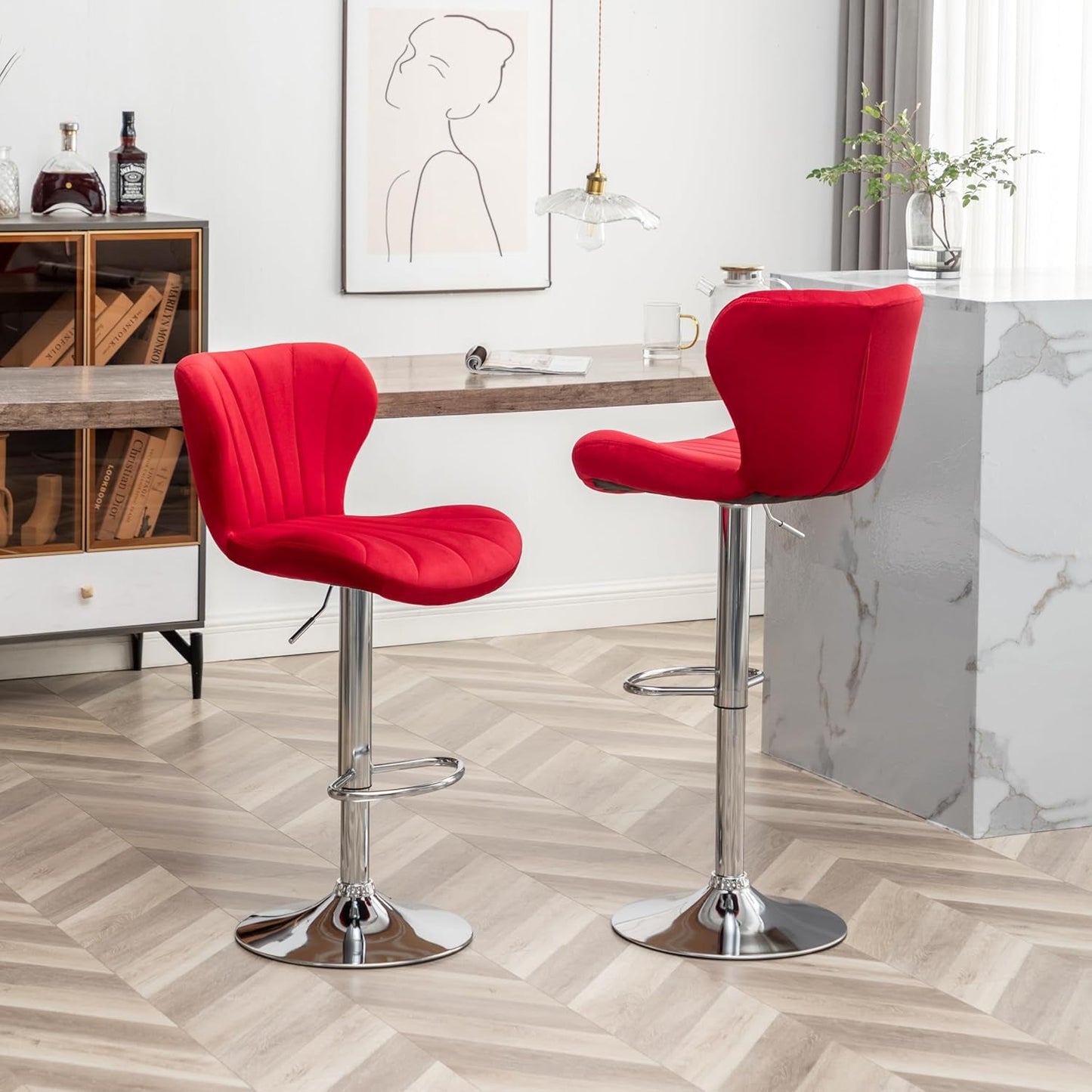 Ellston Velvet Adjustable Swivel Barstools in Red, Set of 2-1