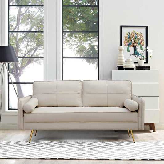Modern Velvet Sofa Tufted Couch Upholstered Loveseat with Bolsters & Metal Legs for Living Room,Bedroom,Study,Playroom,Apartment,Dorm - Beige-1