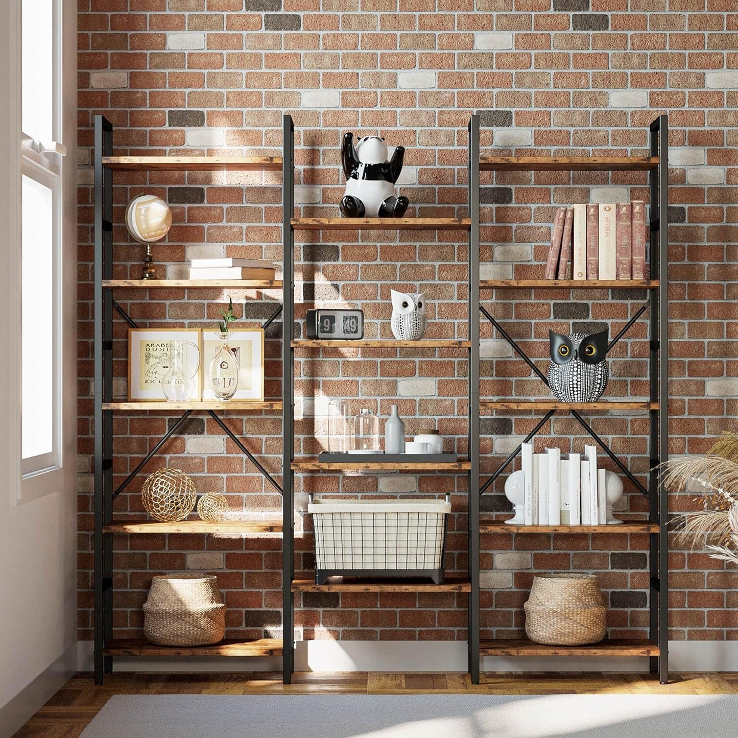 Bookcases and Bookshelves Triple Wide 5 Tiers Industrial Bookshelf, Large Etagere Bookshelf Open Display Shelves with Metal Frame for Living Room Bedroom Home Office-3