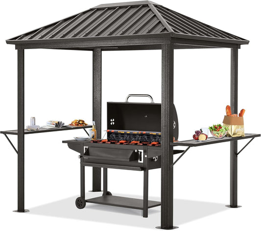 Grill Hardtop Gazebo 6X8 - Outdoor Metal Hard Top Gazebo, Permanent Galvanized Steel BBQ Gazebo Aluminum Framed Pavilion with Shelves for Patio Backyard Lawn Garden (Single Roof, Dark Brown)-1