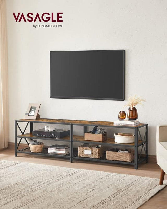 TV Stand, TV Console for Tvs up to 75 Inches, TV Table, 70.1 Inches Width, TV Cabinet with Storage Shelves, Steel Frame, for Living Room, Bedroom, Rustic Brown and Black ULTV096B01V1-1