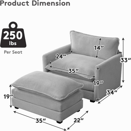 Convertible Sectional Couch with Ottoman, Corduroy Single Armchair with Ottoman, Upholstered Couch with Convertible Chaise, Modern Living Room Furniture Set, Light Grey-1