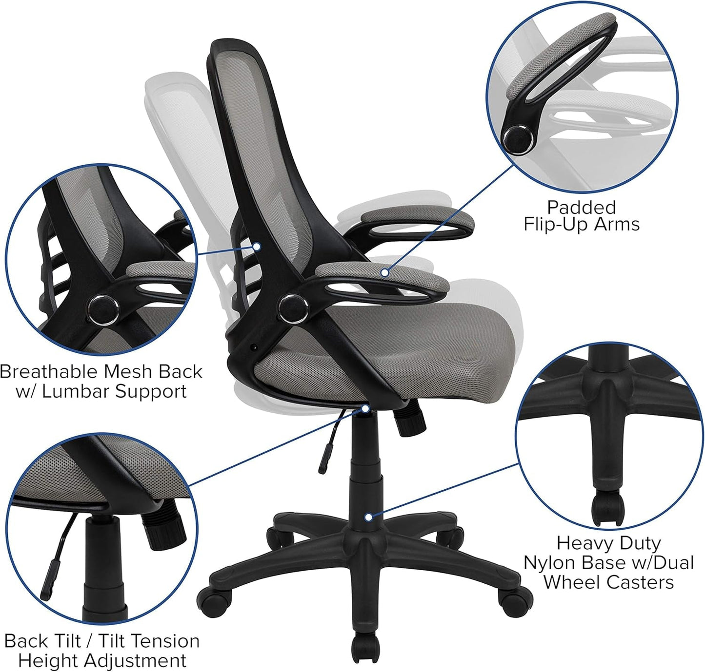 Porter High-Back Swivel Office Chair with Adjustable Lumbar Support and Seat Height, Ergonomic Mesh Desk Chair with Flip-Up Armrests, Gray/Black-3