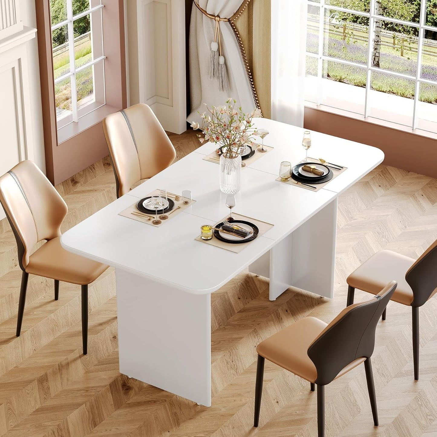 63-Inch Dining Table for 4-6 People, Large Kitchen Dinner Table with Arch Base Design for Kitchen Dining Room, Living Room, White-4