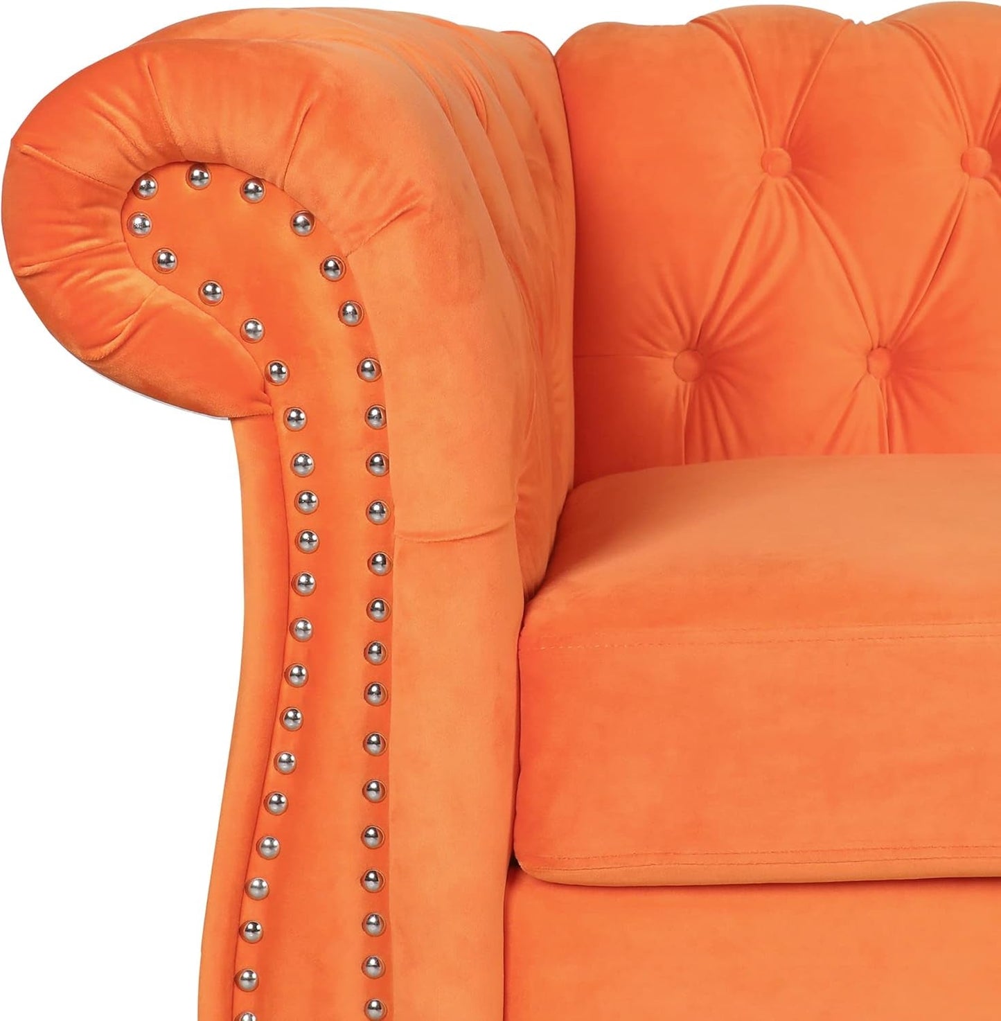 3 Pieces Living Room Furniture Sofa Set, Orange, Chesterfield Style, Velvet Upholstery, Nailhead Trim, Scrolled Arms, 1 Loveseat, 1 Club Chair, 1 Sofa-3