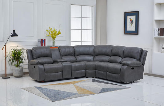 Bonded Leather Sectional Sofa 3 Recliners, Grey-1