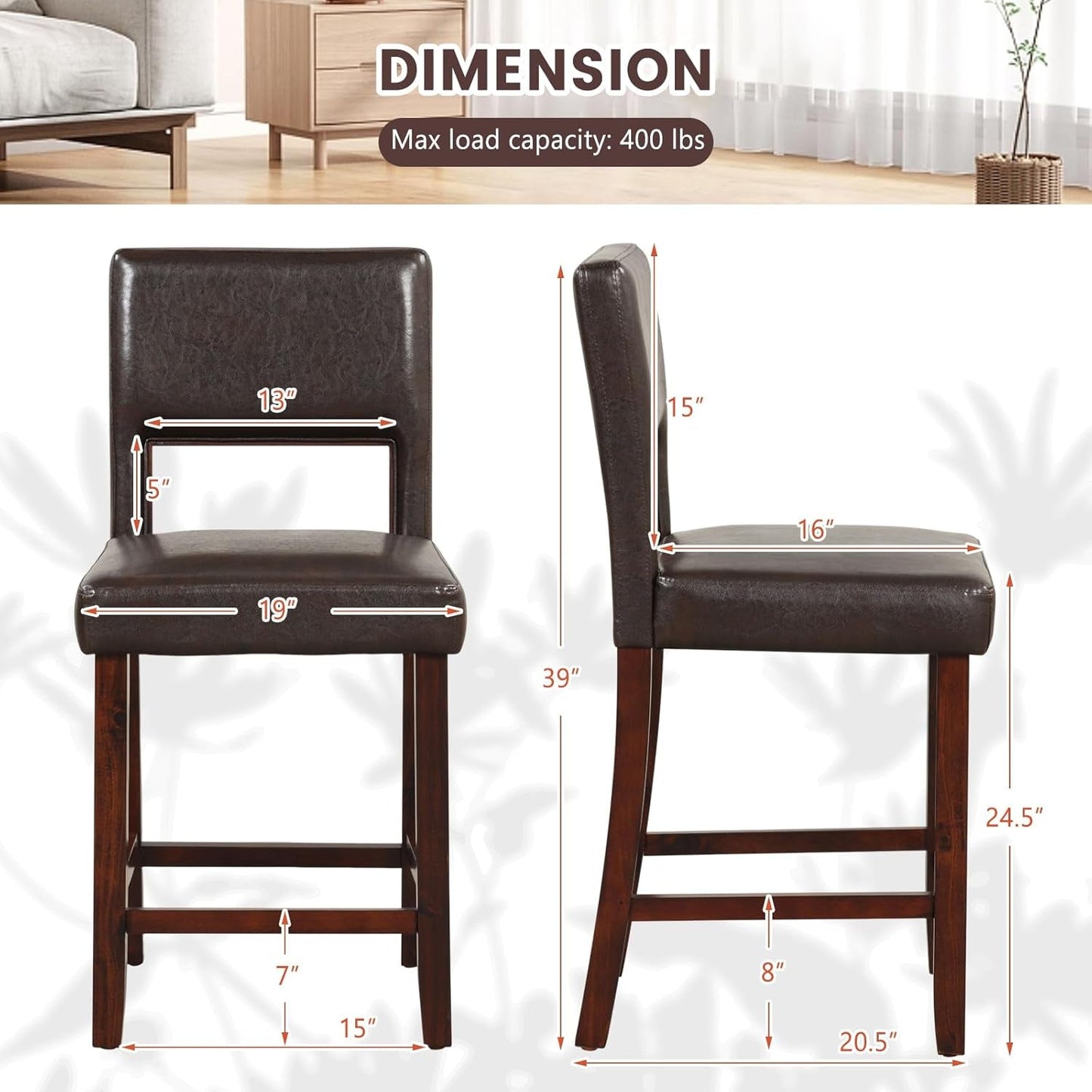24.5" Counter Height Bar Stools Set of 2, PVC Leather Barstools with Back, Rubber Wood Legs, Max Load 400 Lbs, Modern Upholstered Bar Dining Chairs for Kitchen Island Pub, Brown-2