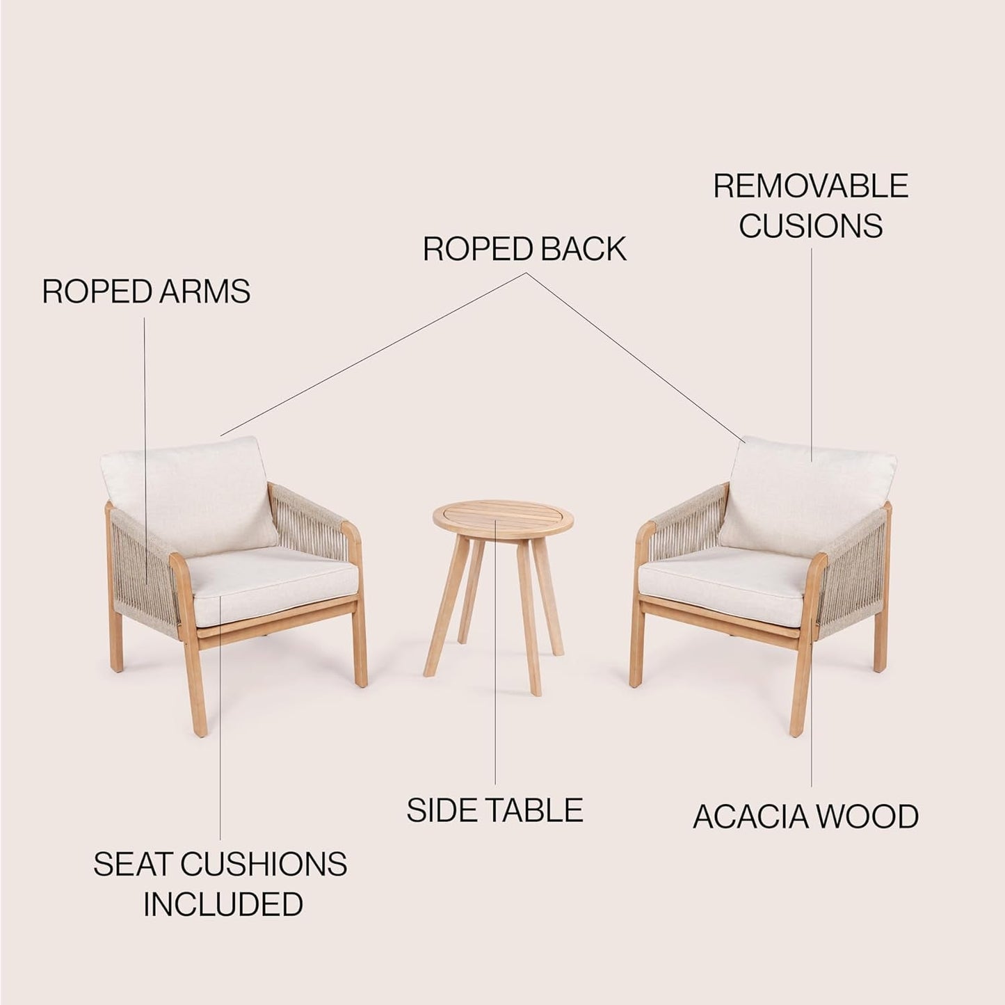 LVG1203A-3SET Aveiro 3-Piece Modern Bohemian Roped Acacia Wood Conversation Outdoor Patio Set with Cushions Coastal, Contemporary, Transitional, Rustic, Cottage, Beige/Light Teak-2