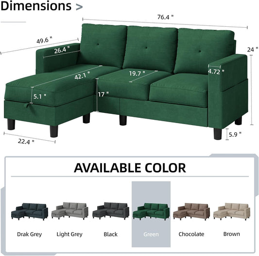 Convertible Sectional Sofa Couch,3 Seat L Shaped Couches with Storage Function Ottoman,Modern Linen Convertible Sectionals Sofas with Armrest Reversible Chaise,Small Spaces Sofa (Green)-1