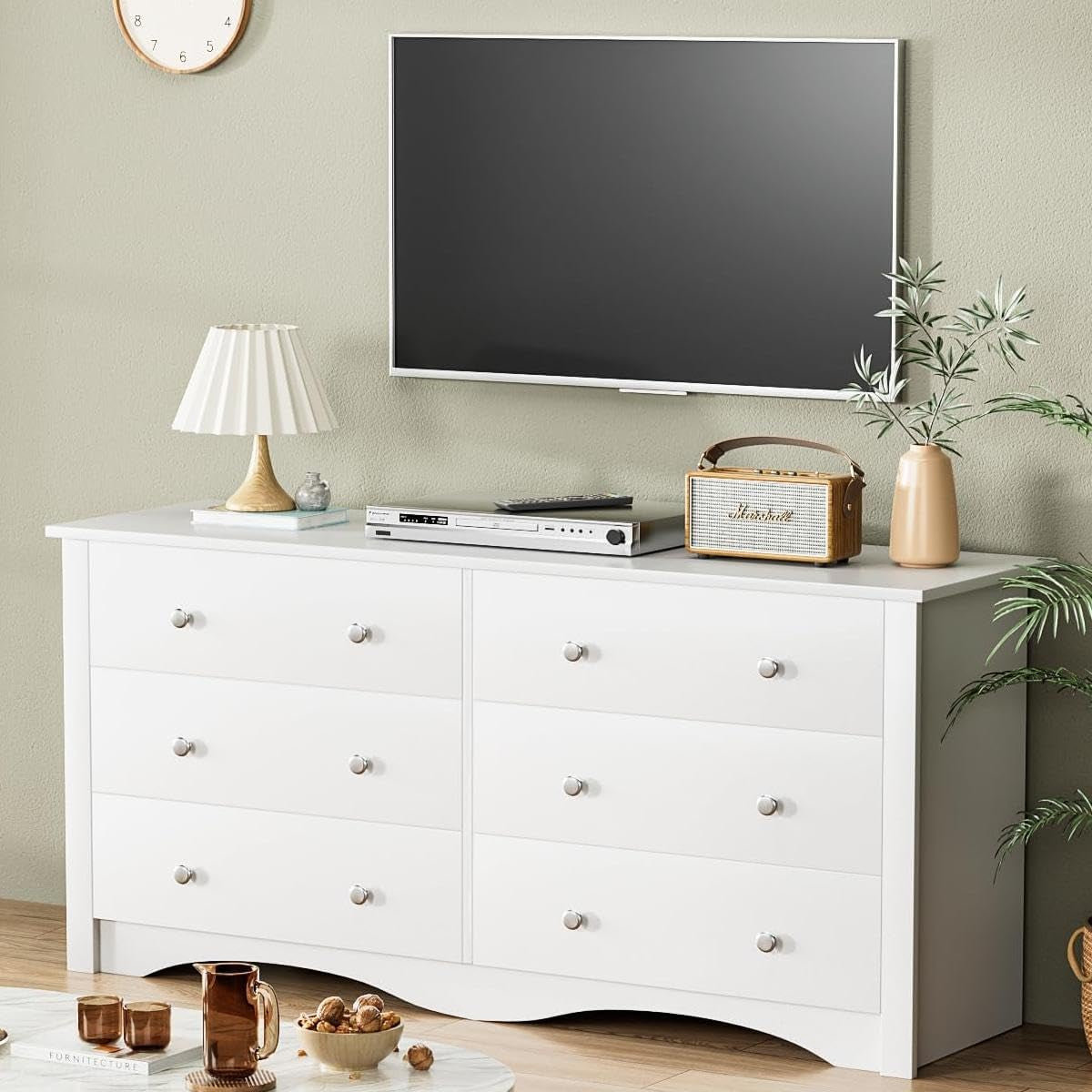Dresser with 6 Drawer, Wood Wide Chest Storage Organizer and TV Stand for Living Room, Hallway, Dormitory, White-3
