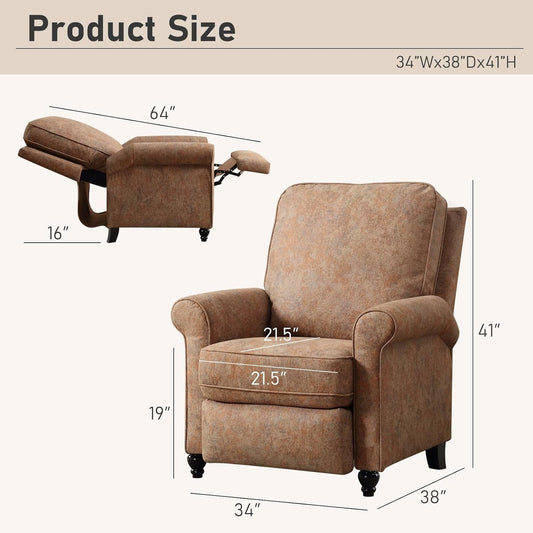 Push Back Recliner Chair, Textured Fabric Overstuffed Wingback Recliner, Adjustable Pushback Chair with Padded Seat and Back, Single Reclining Sofa for Living Room, Bedroom(Retro Brown)-1