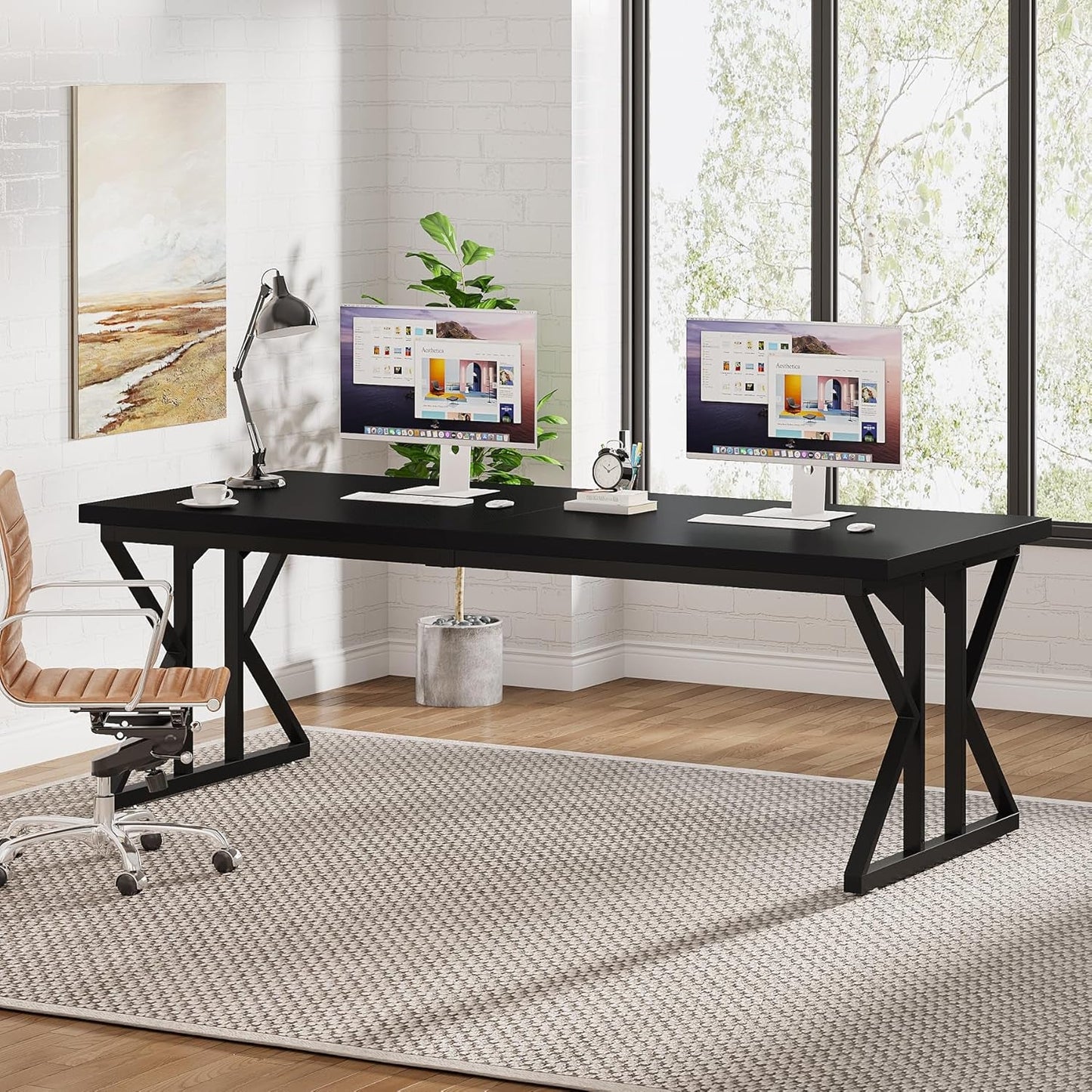 78.7-Inch Executive Desk, Large Computer Office Desk Workstation, Modern Simple Style Laptop Desk Study Writing Table Business Furniture for Home Office (Black, 78.7 Inch)-0