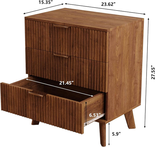 Fluted 3 Drawer Dressers, Modern Closet Dressers Chest of Drawers, Wood Storage Dresser Chest of Drawers Organizer for Bedroom Living Room Hallway Closet, Walnut, 2 Sets-1