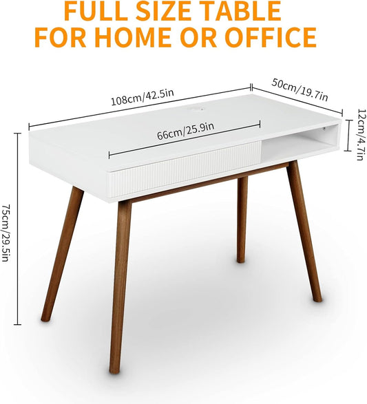 White Writing Desk with Drawers Mid Century Modern Desk, Wood Office Desk Computer Desk Vanity Desk for Small Space, White Desk with Walnut Legs-1