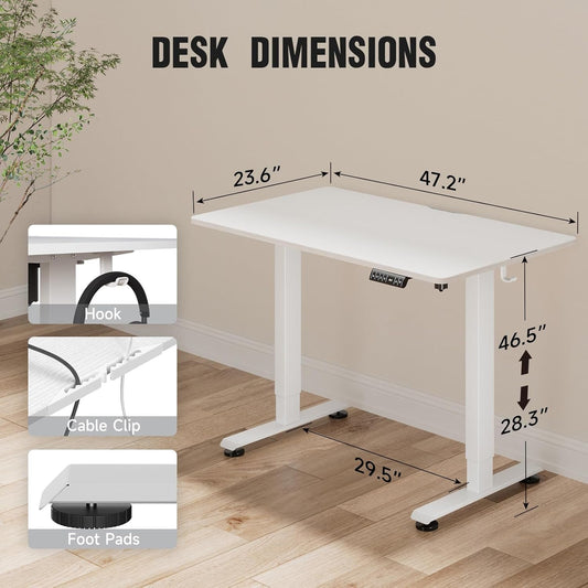 47.2 Inch Electric Standing Desk, Height Adjustable Sit Stand Up, Wood Desktop, Work Home Office Computer PC Desks, Gaming Writing Study Bedroom Rising Table, Tall Standup Workstation, White-1