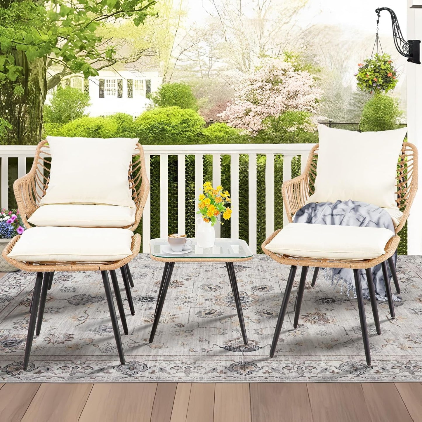 5 Piece Patio Bistro Set with Ottoman, Outdoor Wicker Apartment Balcony Furniture Sets, Rattan Table and Chairs Set of 2 for Porch Backyard Lawn Poolside Deck (Yellow/Beige)-1