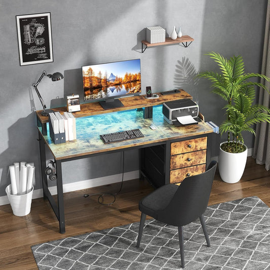 Computer Desk with Fabric Drawers, 47 Inch Home Office Desk with Monitor Stand, Gaming Desk with LED Lights and Power Outlets, Rustic Brown-1