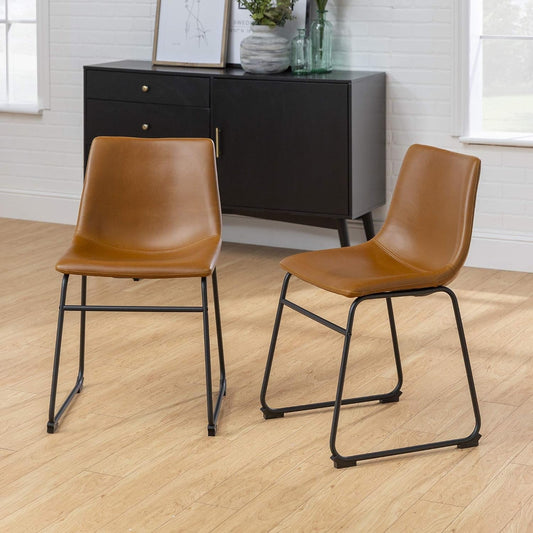 Douglas Urban Industrial Faux Leather Armless Dining Chairs, Set of 2, Whiskey Brown-1