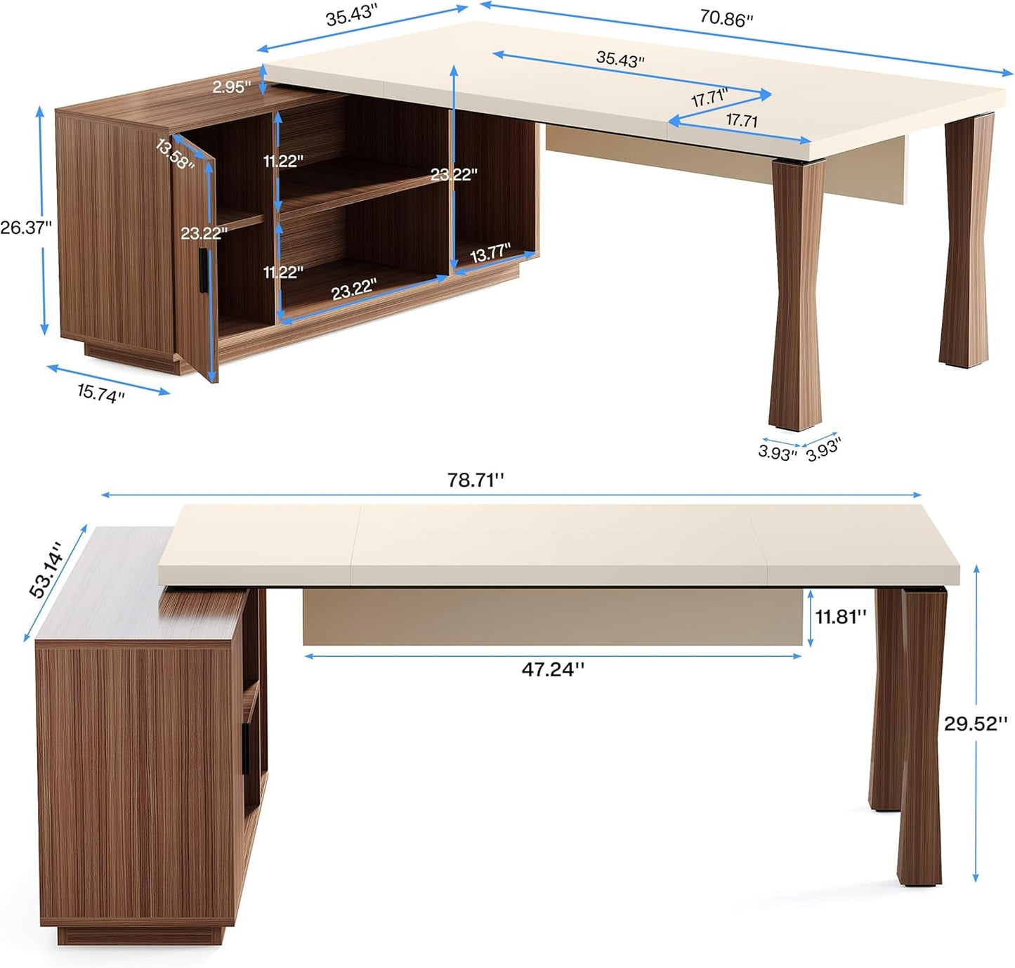 78.7-Inch Executive Desk, L-Shaped Desk with Cabinet, Large Office Desk with Storage Shelves, Writing Table Desk Business Furniture Set for Home Office, Cream White Walnut-1