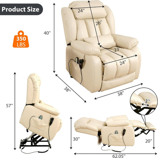 Large Reclining Lift Chair, Dual Motor Massage Chair, Genuine Leather Recliner with Heating and Massage for Seniors, with Double Lumbar Cushion and Extended Footrest, USB Port(Beige)-1