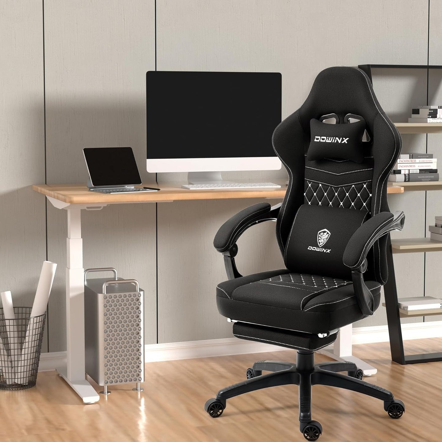 Gaming Chair Breathable Fabric Computer Chair with Pocket Spring Cushion, Comfortable Office Chair with Gel Pad and Storage Bag,Massage Game Chair with Footrest,Black-1