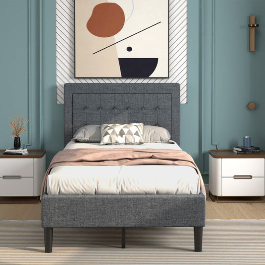Twin Size Upholstered Bed Frame with Button Tufted Headboard-1