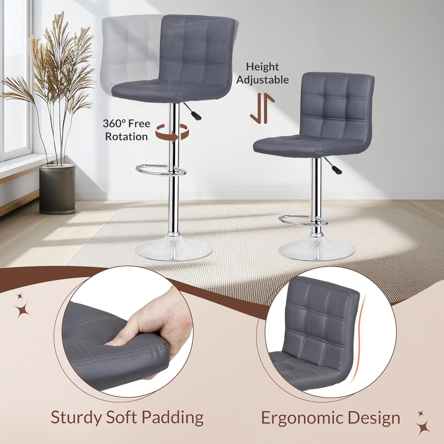 Set of 4 Adjustable Swivel Barstools, Modern PU Leather Kitchen Counter Bar Stools, Square Back Bar Stool (Grey)-3