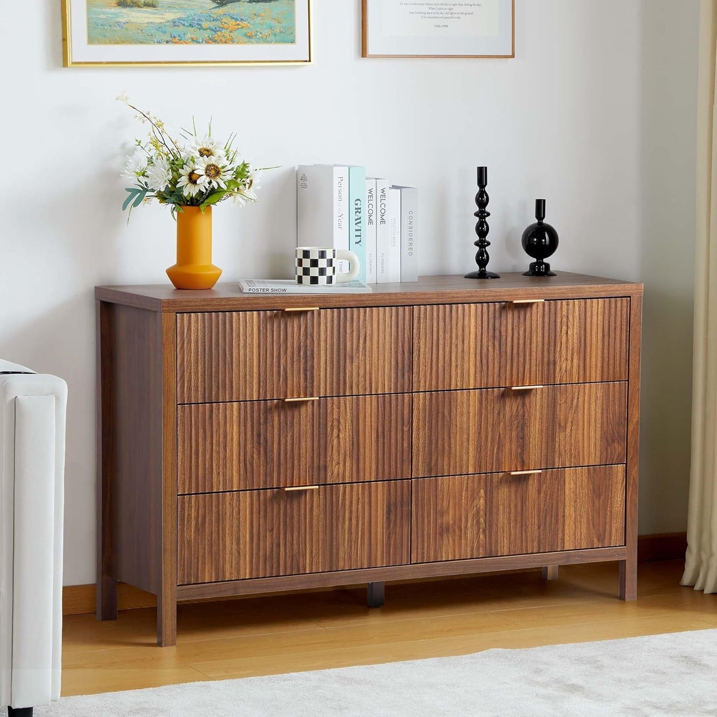 Fluted 6 Drawer Double Dresser for Bedroom, 47" Wide Modern Closet Dressers Chest of Drawers, Wood Storage Dresser Organizer for Nursery Bedroom Living Room Hallway Closet, Walnut-0