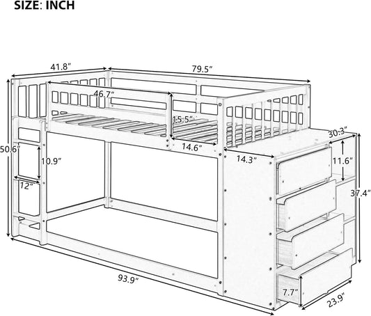 Bunk Bed Twin over Twin, Wood Floor Bunk Bed with Storage Drawers and Shelves, Low Bunk Bed Frame with Guardrails and Ladder for Kids Boys Girls Teens, No Box Spring Needed, Easy Assembly, White-1