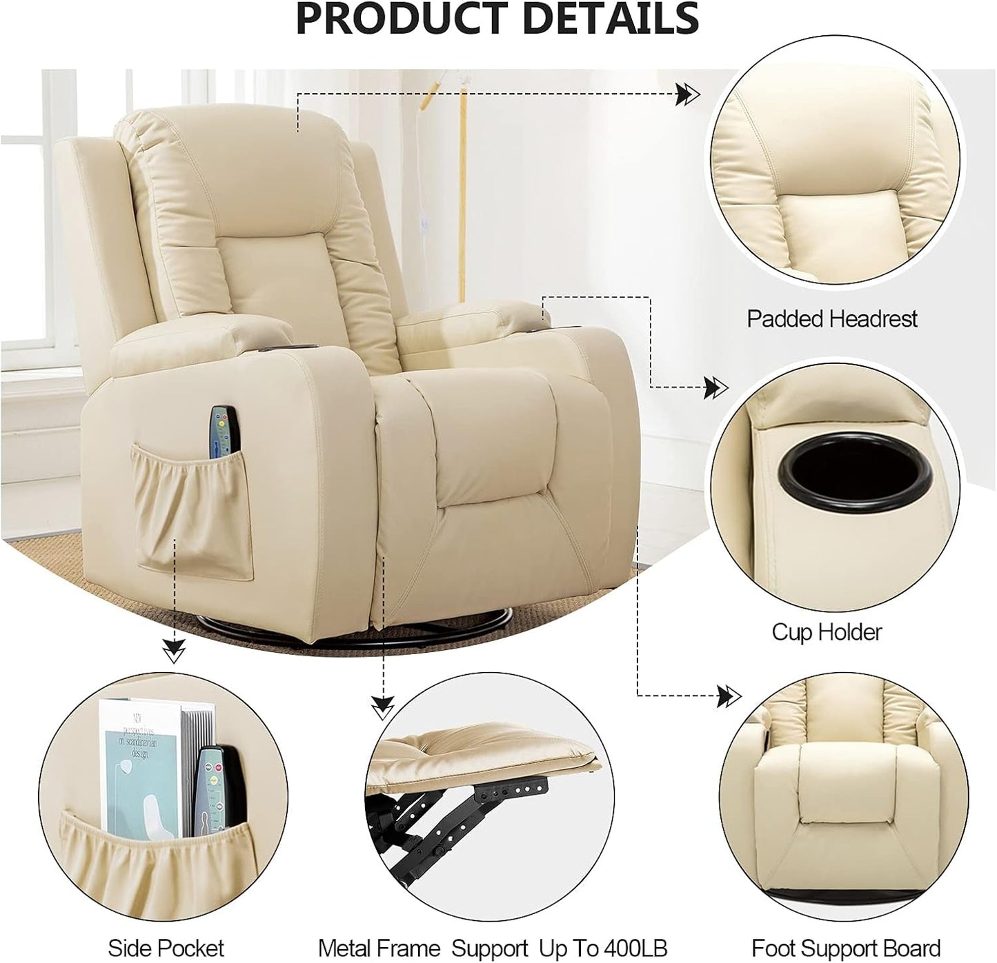 Recliner Chair, PU Rocking Chair for Adults, Swivel Recliner with Cup Holders, Heat and Massage, Single Sofa Seat with Side Pockets for Living Room, Bedroom (White)-2