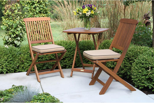 Eucalyptus Wood 3-Piece Square Foldable Bistro Outdoor Furniture Patio Set, Table and 2 Chairs with Cushions, Beige-1